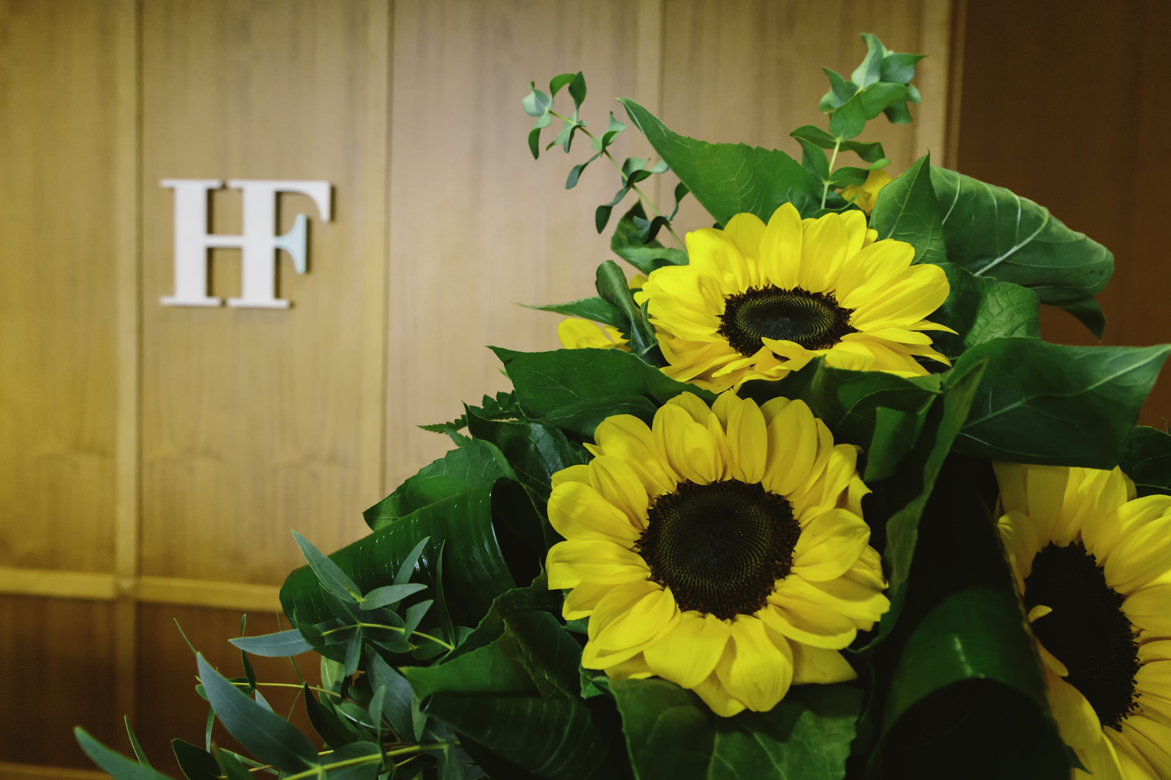 Un ramo de girasoles sobre un fondo de madera y la letra 'H'.