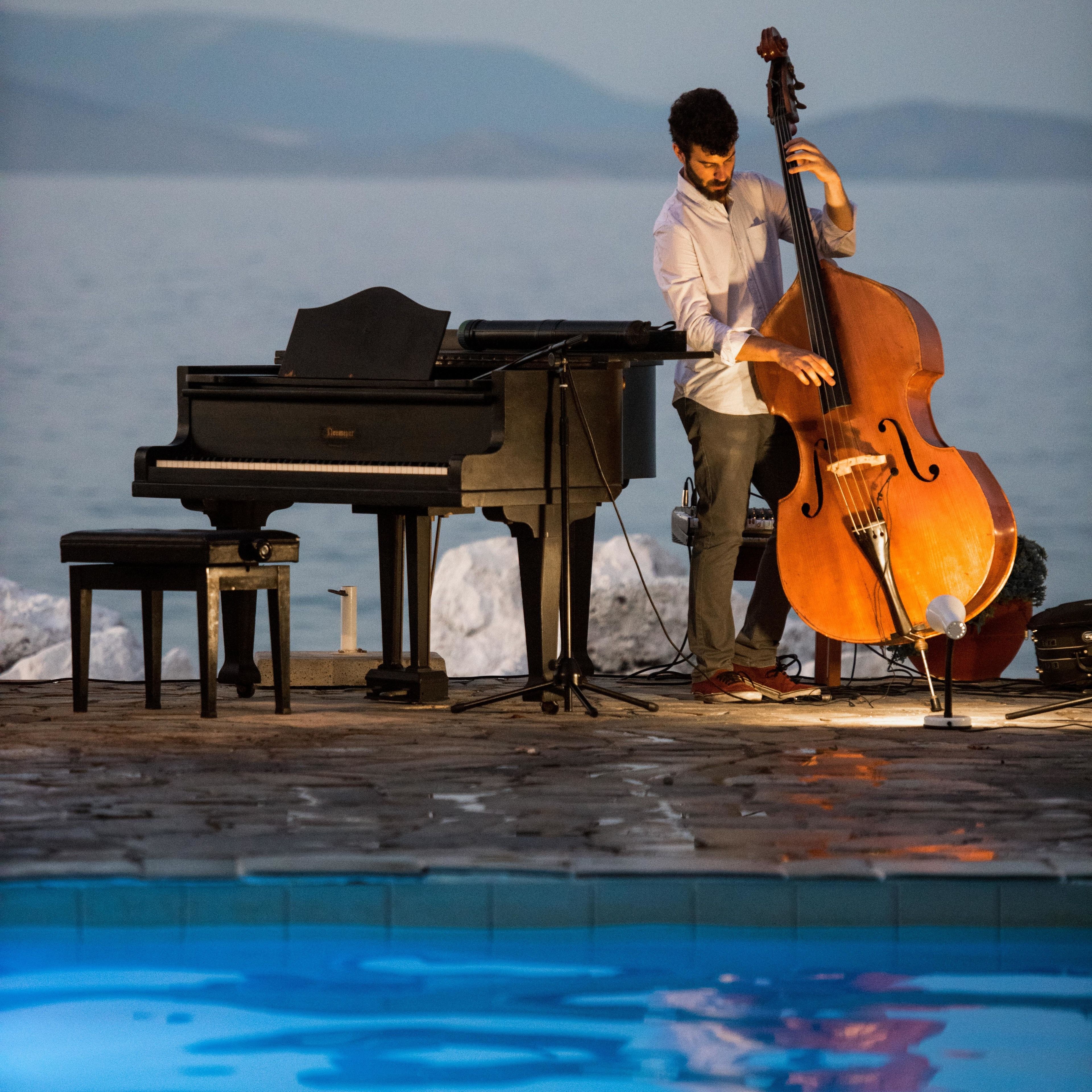 A person playing a cello next to a grand piano by a pool.