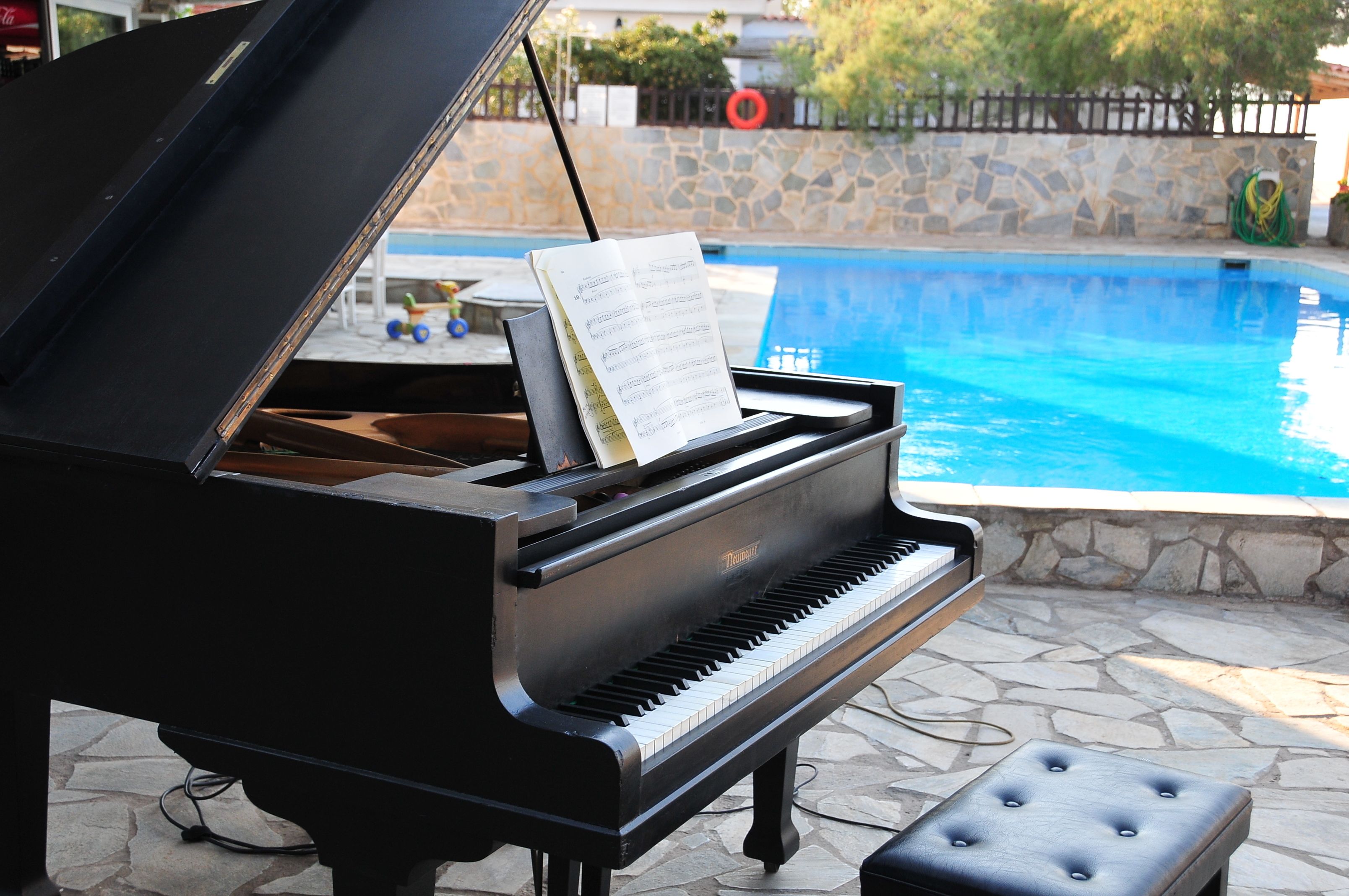 Outdoor pool, pool umbrellas, pool loungers