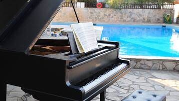 Outdoor pool, pool umbrellas, pool loungers