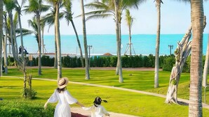 A pathway lined with palm trees leading to a beach. - Hilton Haikou Meilan (Haikou)