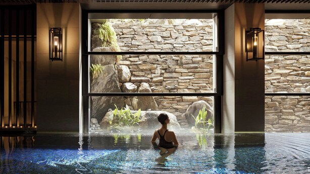 A person in a pool with a stone wall and plants in the background. - The Ritz-Carlton, Kyoto (Kyoto)