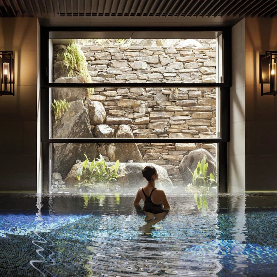 A person in a pool with a stone wall and plants in the background.