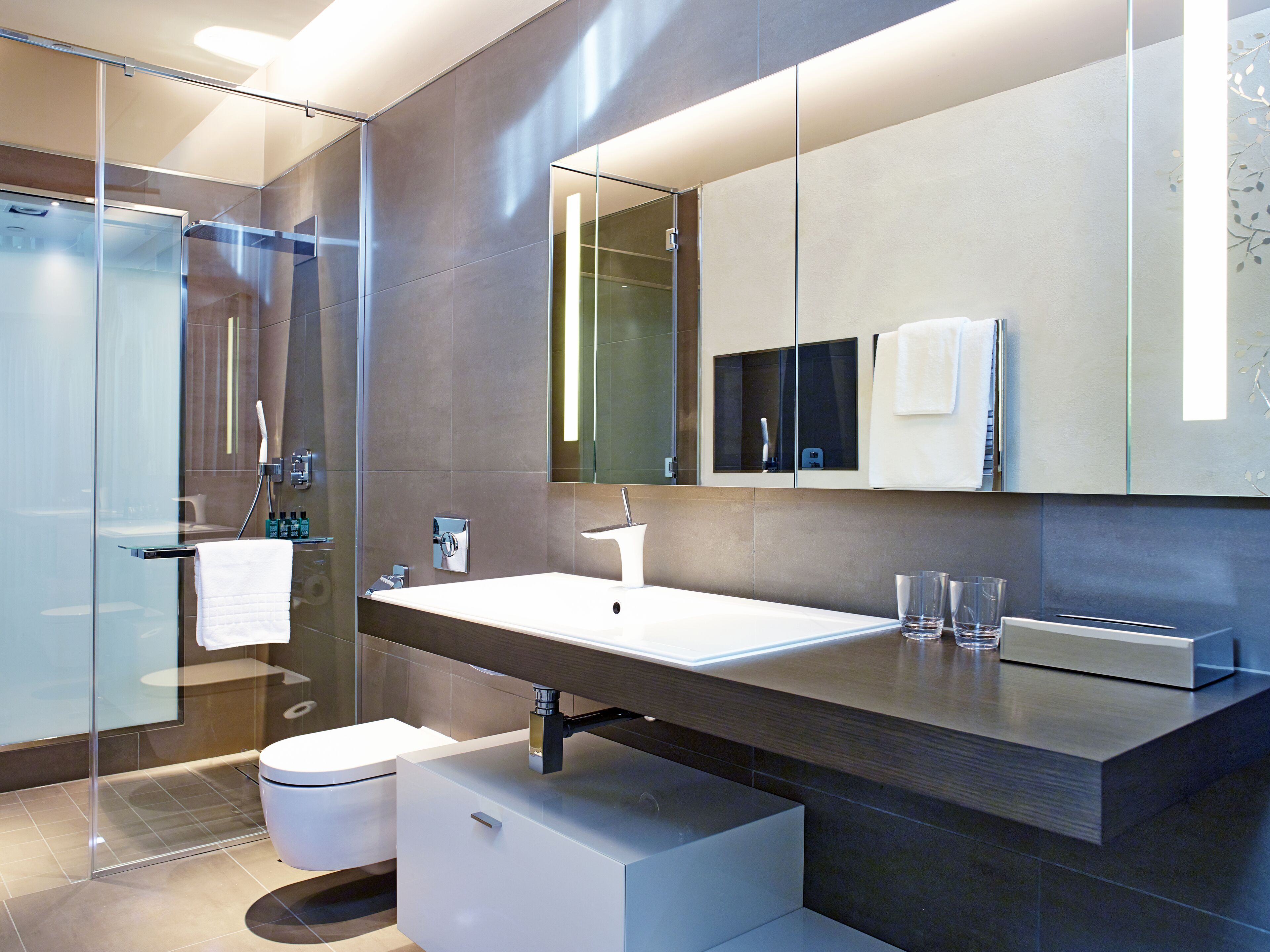 A modern bathroom with a glass shower enclosure, a white sink, and a large mirror.