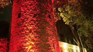 Ein mit Efeu bewachsener Turm, beleuchtet mit rotem Licht, umgeben von Bäumen und einem Gebäude mit mehreren Fenstern.