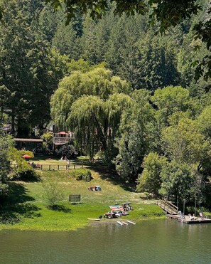 A lakeside park with picnic areas, a gazebo, and a dock with boats.