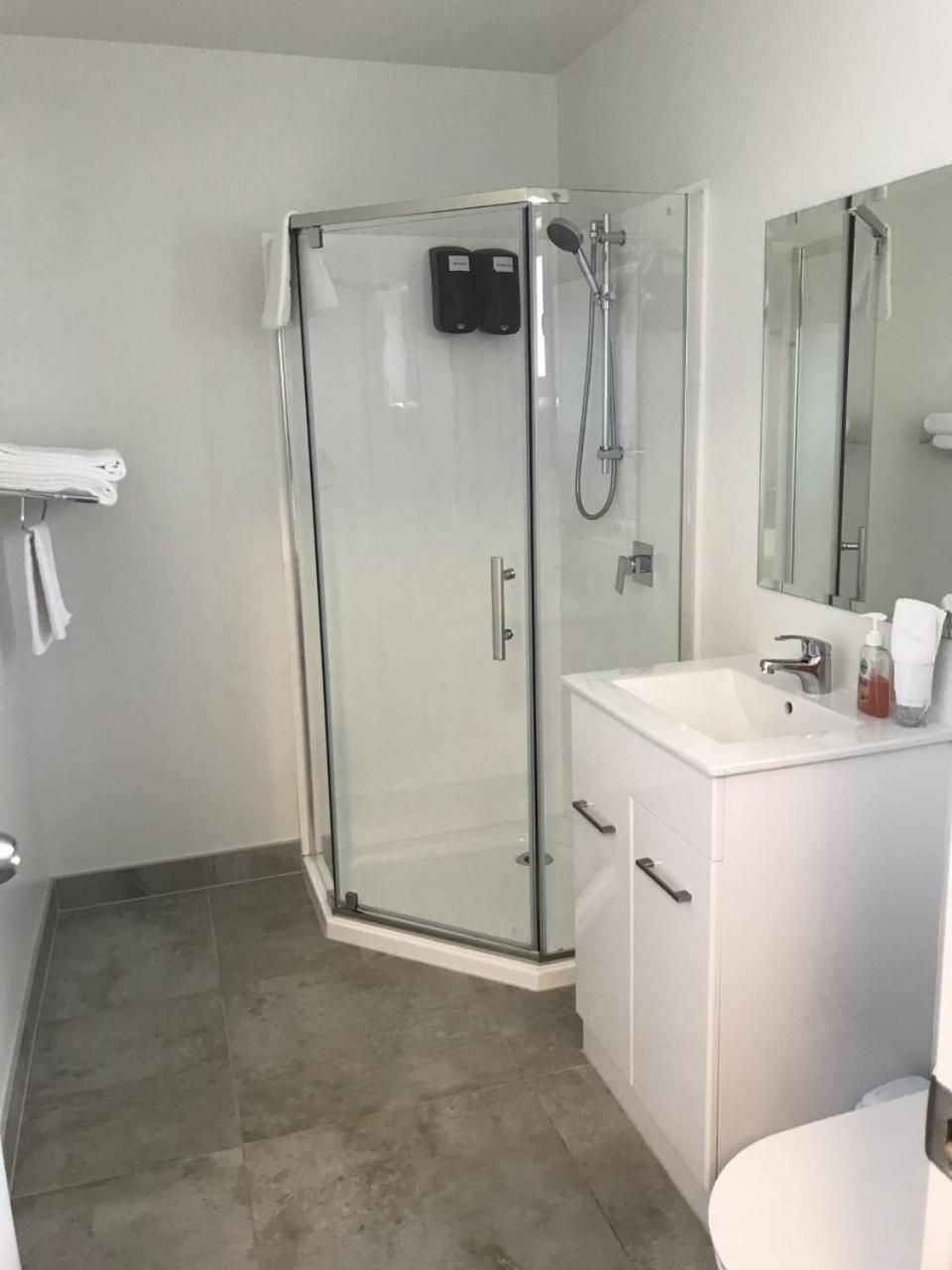 A modern bathroom with a glass-enclosed shower, a white sink, and a mirror above it.