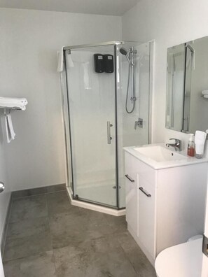 Un baño moderno con ducha envuelta en vidrio, un lavabo blanco y un espejo sobre él.