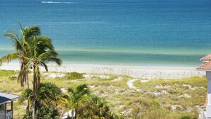 Vista de playa con palmeras, un sendero arenoso y un océano azul cristalino.