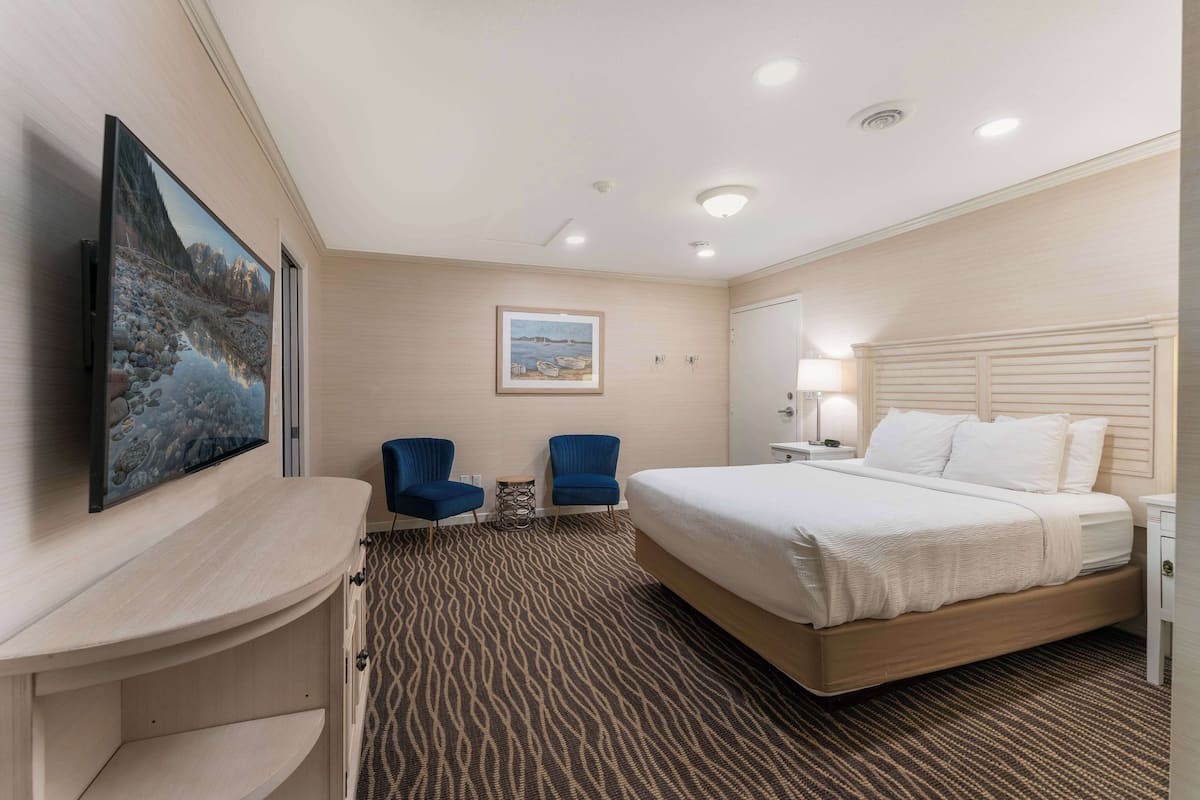 A hotel room with a large bed, two blue chairs, a desk with a flat-screen TV, a framed picture on the wall, and a patterned carpet.