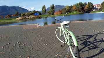 Una bicicleta verde estacionada en un área pavimentada, con un lago y montañas al fondo.