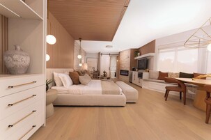 Svíta - 1 stórt tvíbreitt rúm - reyklaust - svalir (Theme Room;Larger Room) | Skrifborð, myrkratjöld/-gardínur, straujárn/strauborð