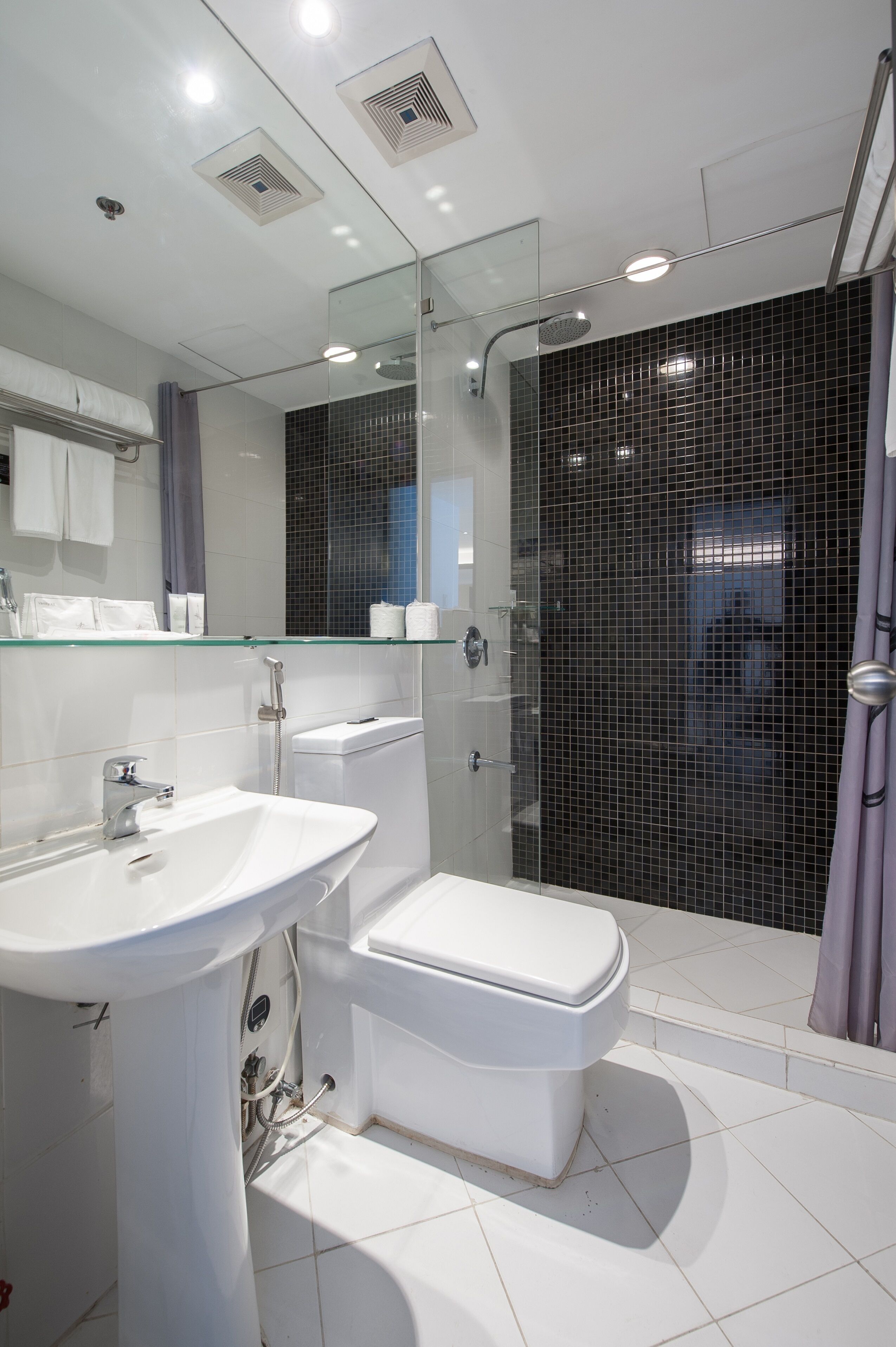 A modern bathroom with a glass-enclosed shower, a white sink, and a toilet.