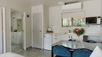 Fridge, microwave, electric kettle, toaster