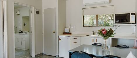 Fridge, microwave, electric kettle, toaster
