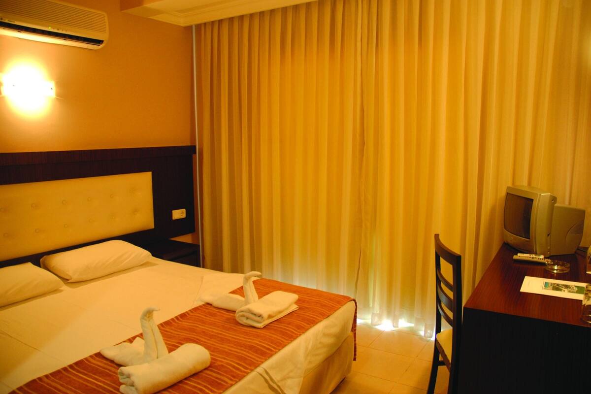 Una habitación de hotel con cama, escritorio, televisor y cortina.