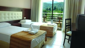 Habitación de hotel con dos camas, televisión, una silla y balcón con vistas al bosque.