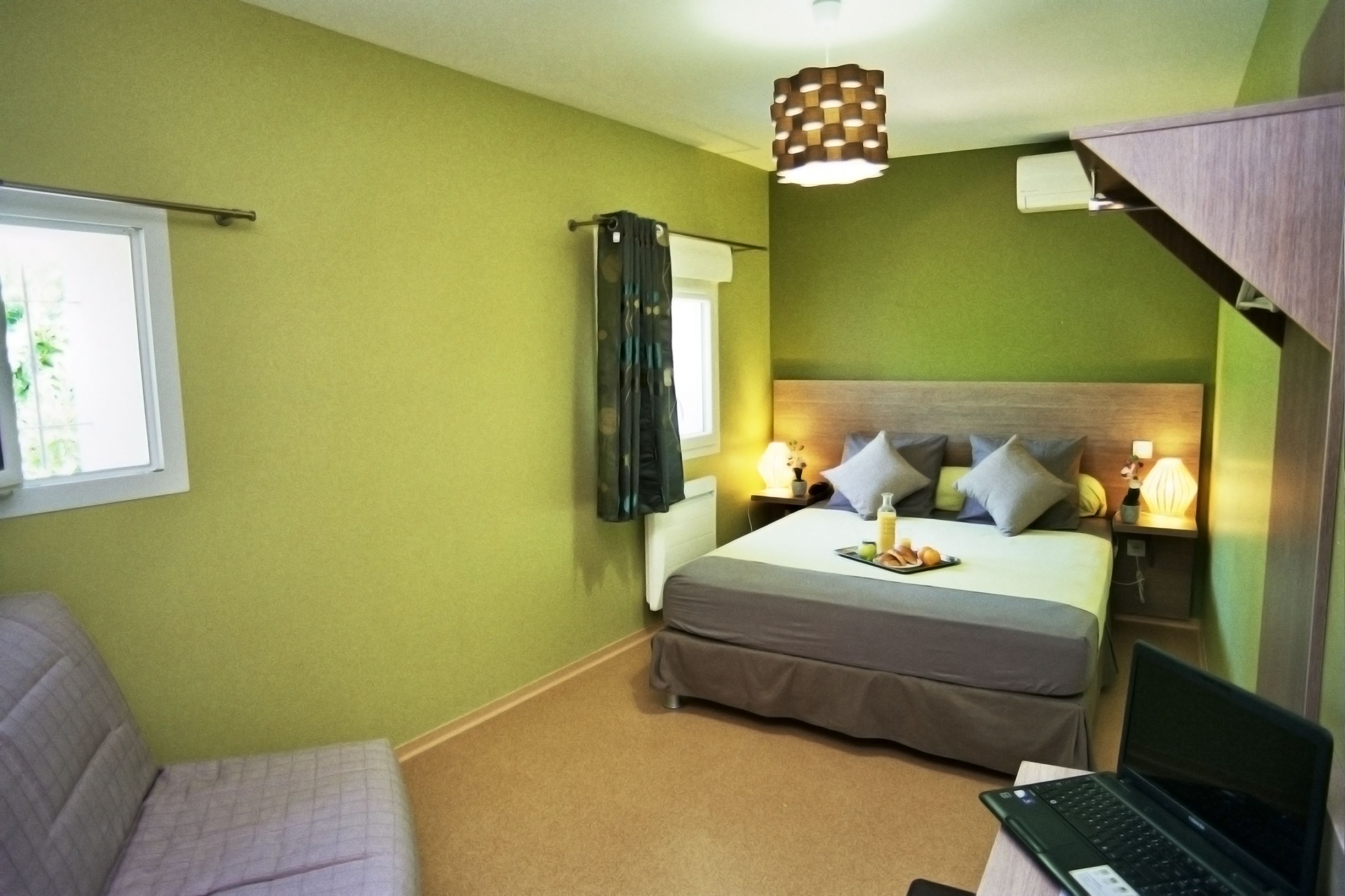 premium bedding, desk, blackout curtains, soundproofing