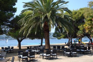 An outdoor seating area with tables and chairs, palm trees, and a view of the sea. - Camp Perna (Orebic)