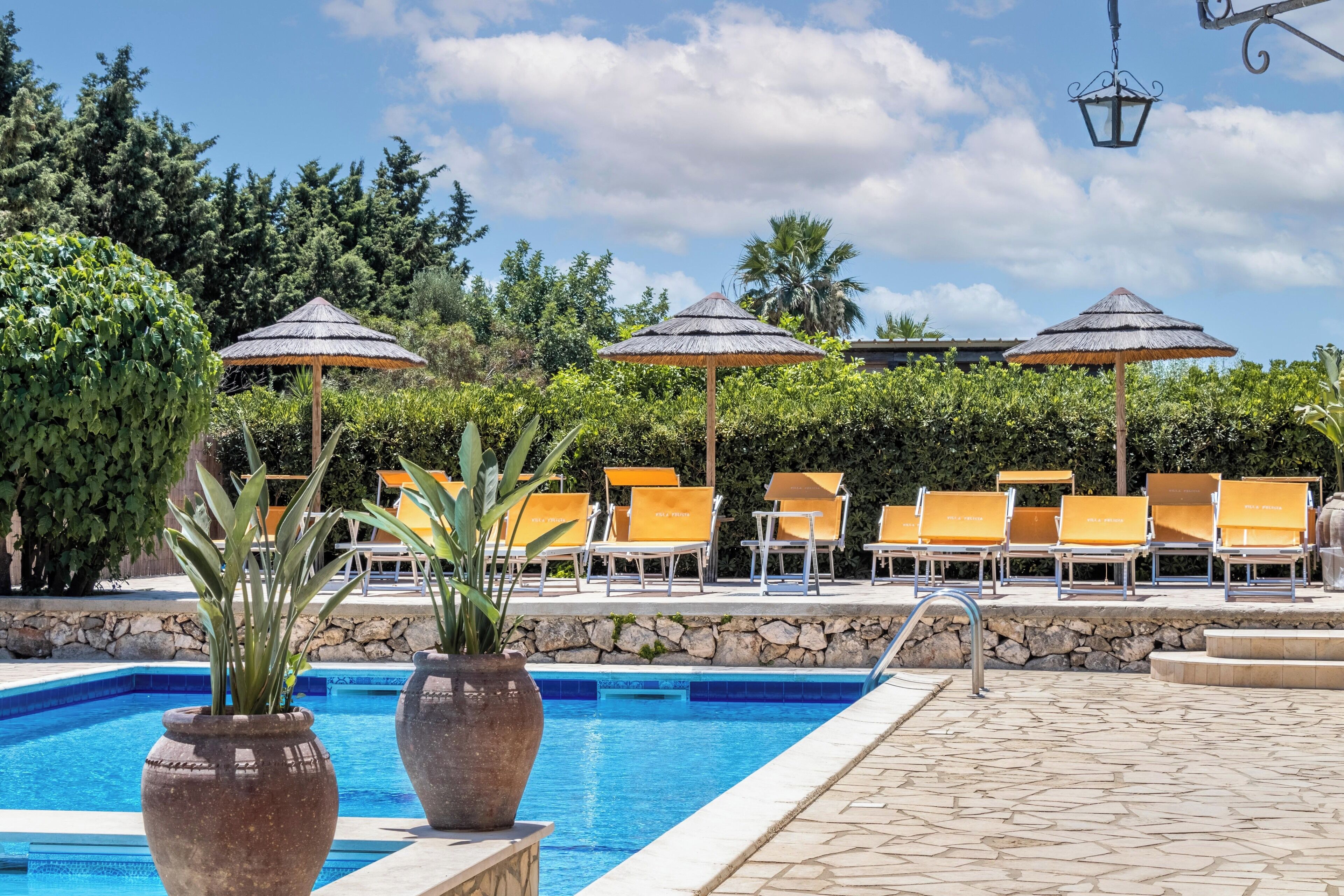 Un área de piscina con sillones de descanso y sombrillas, rodeada de vegetación y un muro de piedra.