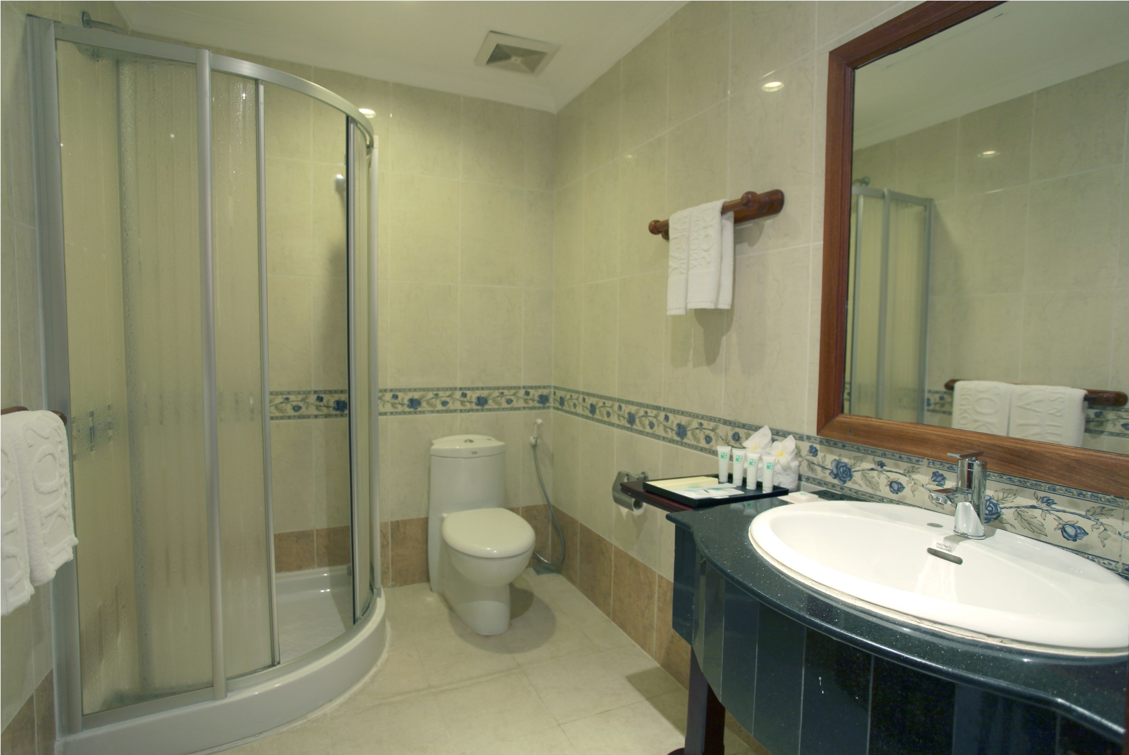 standard double room | bathroom | shower, rainfall showerhead, designer toiletries, hair dryer