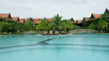 Indoor pool, outdoor pool, pool umbrellas, sun loungers
