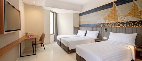 A hotel room with two beds, a desk with a chair, a TV, and a large window.
