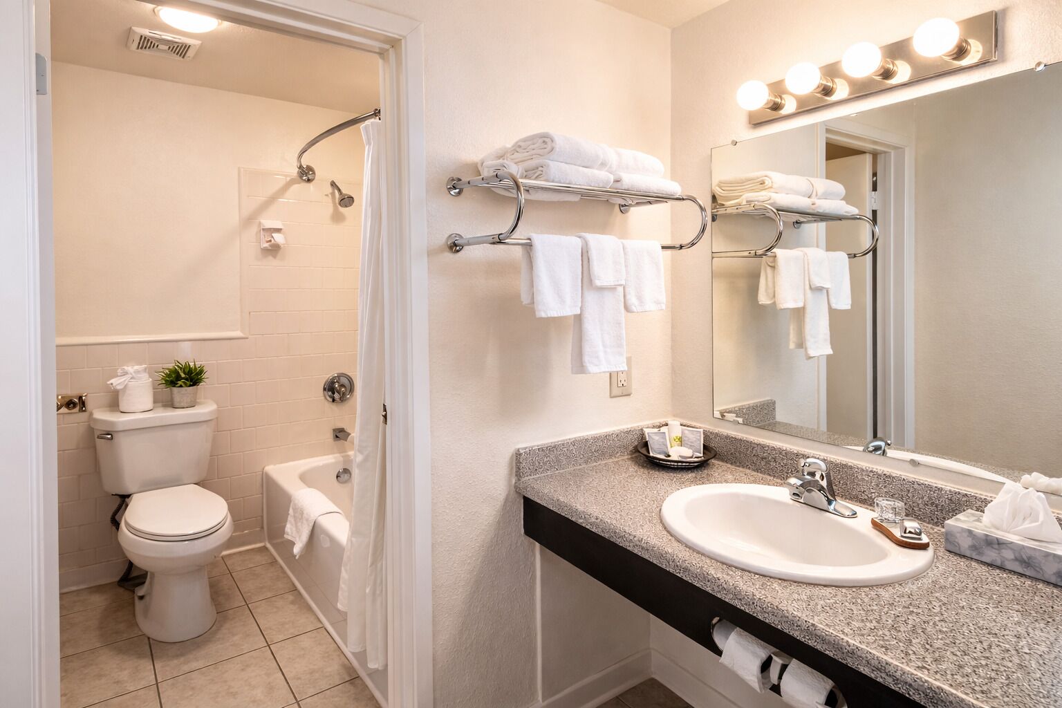 Combined shower/tub, free toiletries, hair dryer, towels