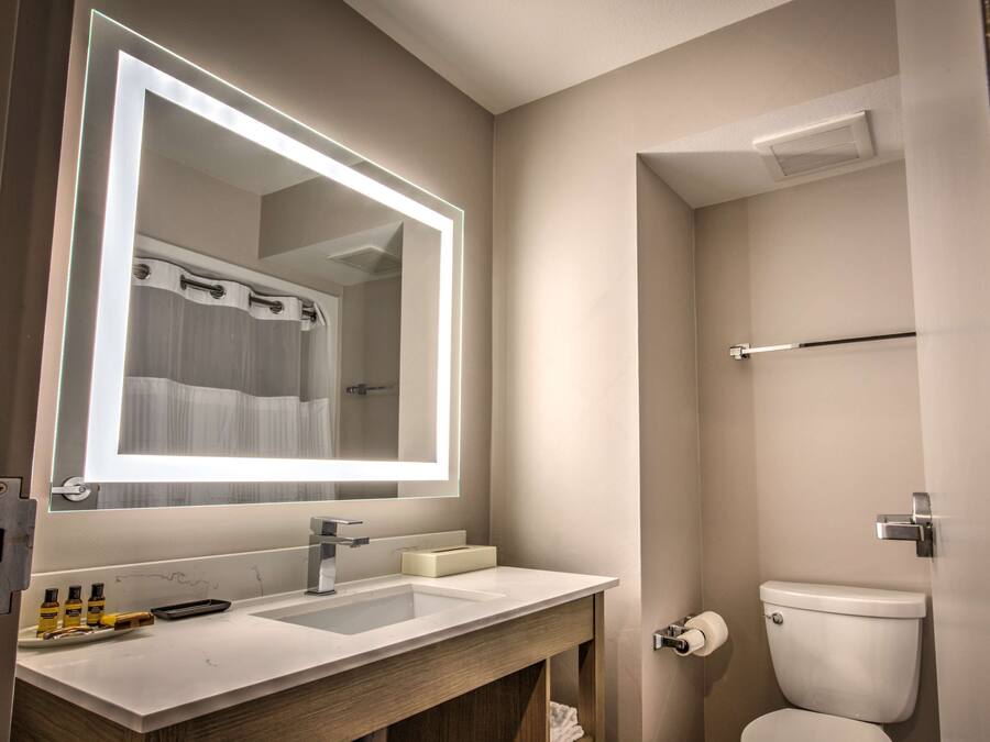 A bathroom with a large mirror, a sink, a toilet, and a shower curtain.