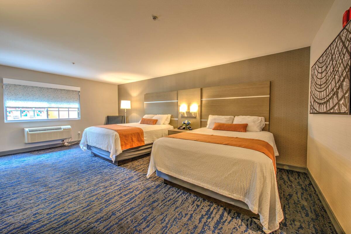 A hotel room with two beds, a large window with blinds, a radiator, and a patterned carpet.