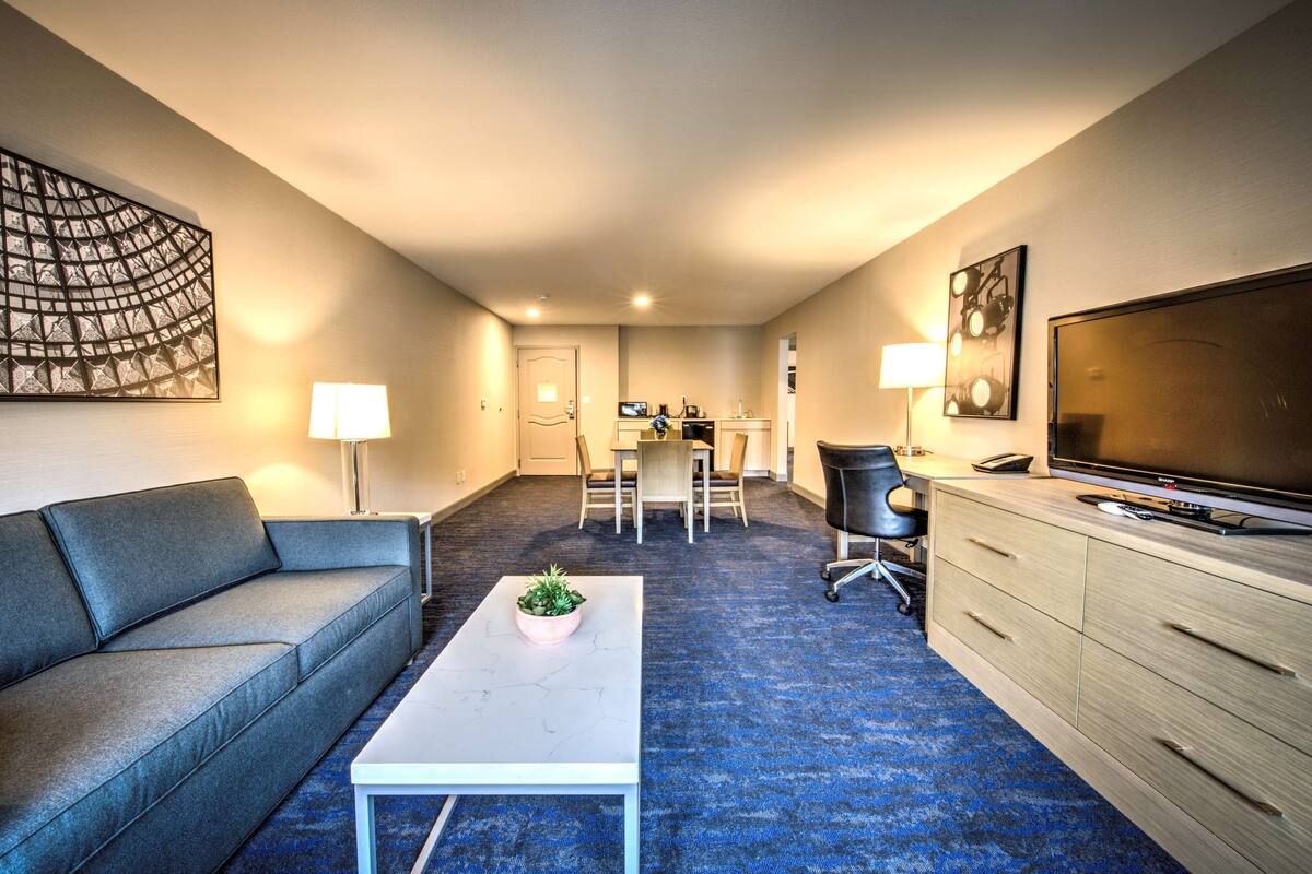 A hotel room with a sofa, a coffee table with a plant, a TV, a desk with a chair, and a kitchen area in the background.
