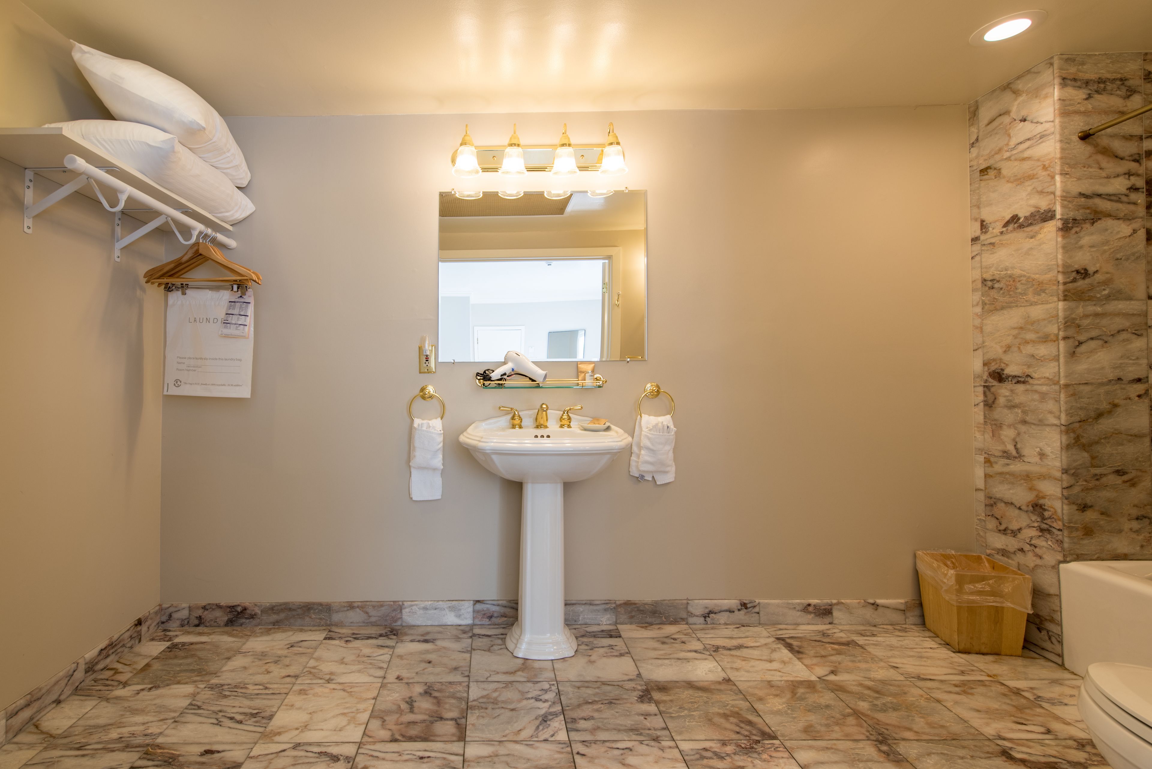 Une salle de bain avec un lavabo sur colonne, un miroir au-dessus, et une zone douche située à droite.