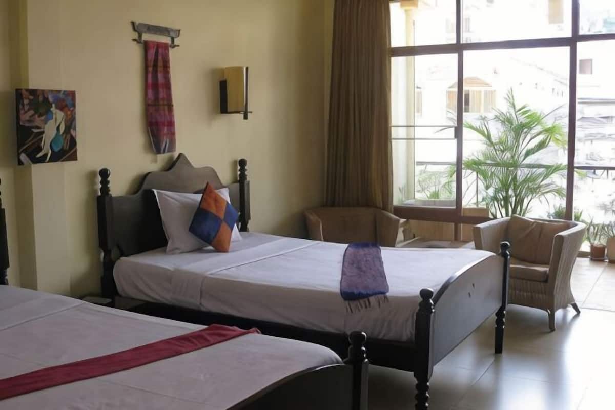 Habitación de hotel con dos camas, una silla, ventana con vistas y una planta.