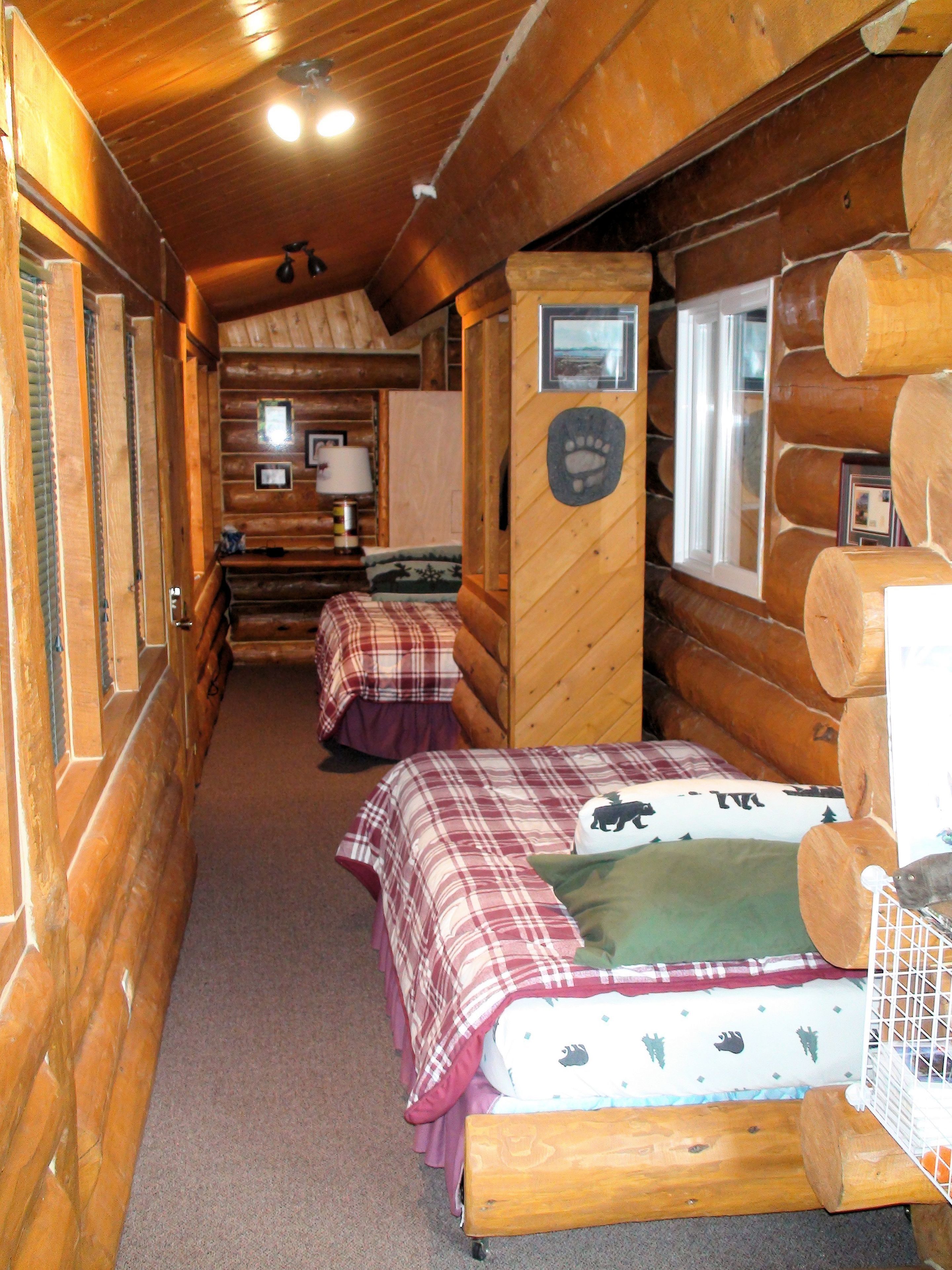 Interior de cabana com duas camas, parede de madeira com marca de pata e uma janela.