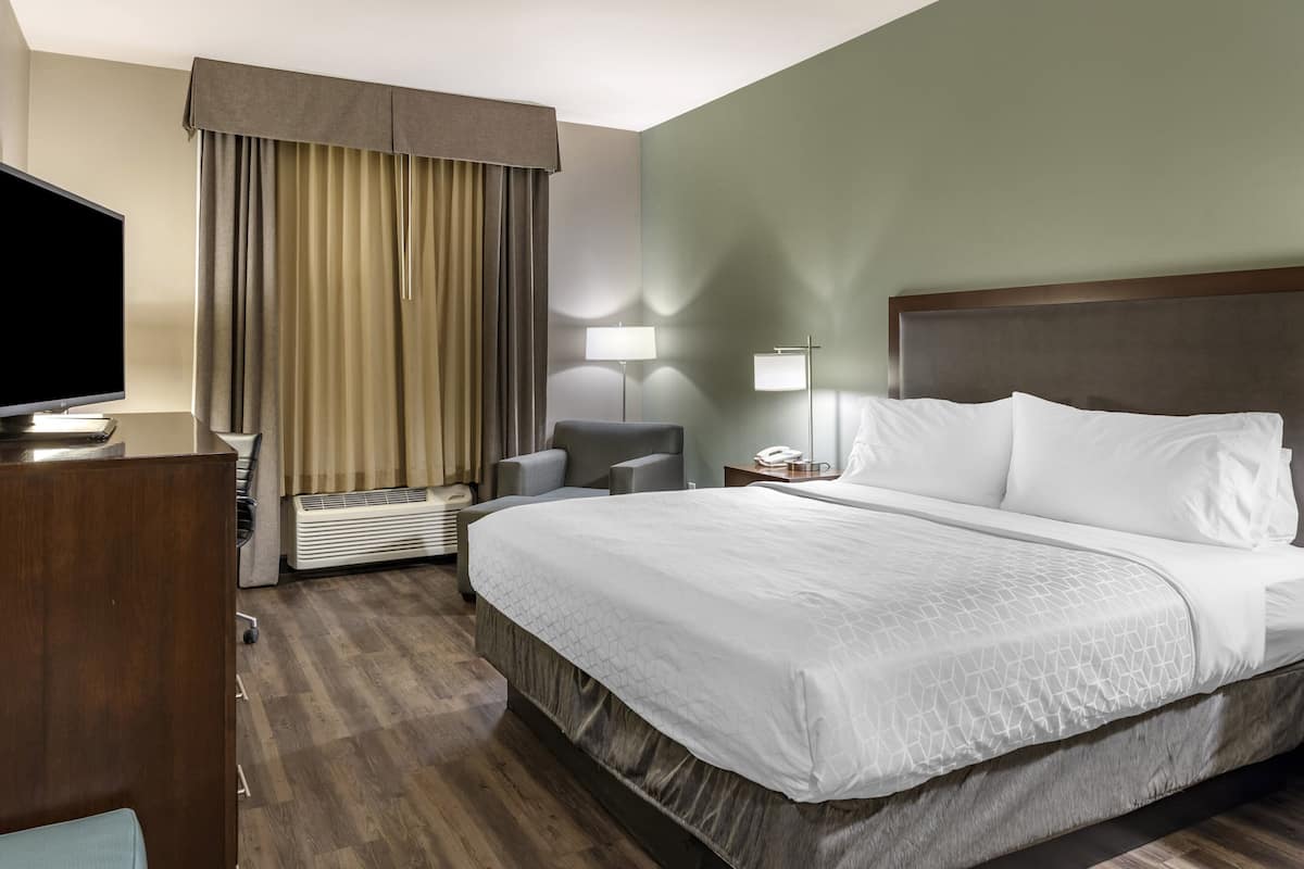 A hotel room with a large bed, a desk with a television, a lamp, and an air conditioning unit.
