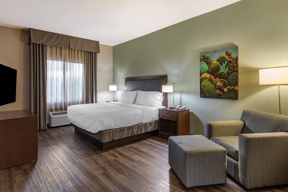 A hotel room with a large bed, a TV, a desk with a lamp, a chair, and a painting on the wall.