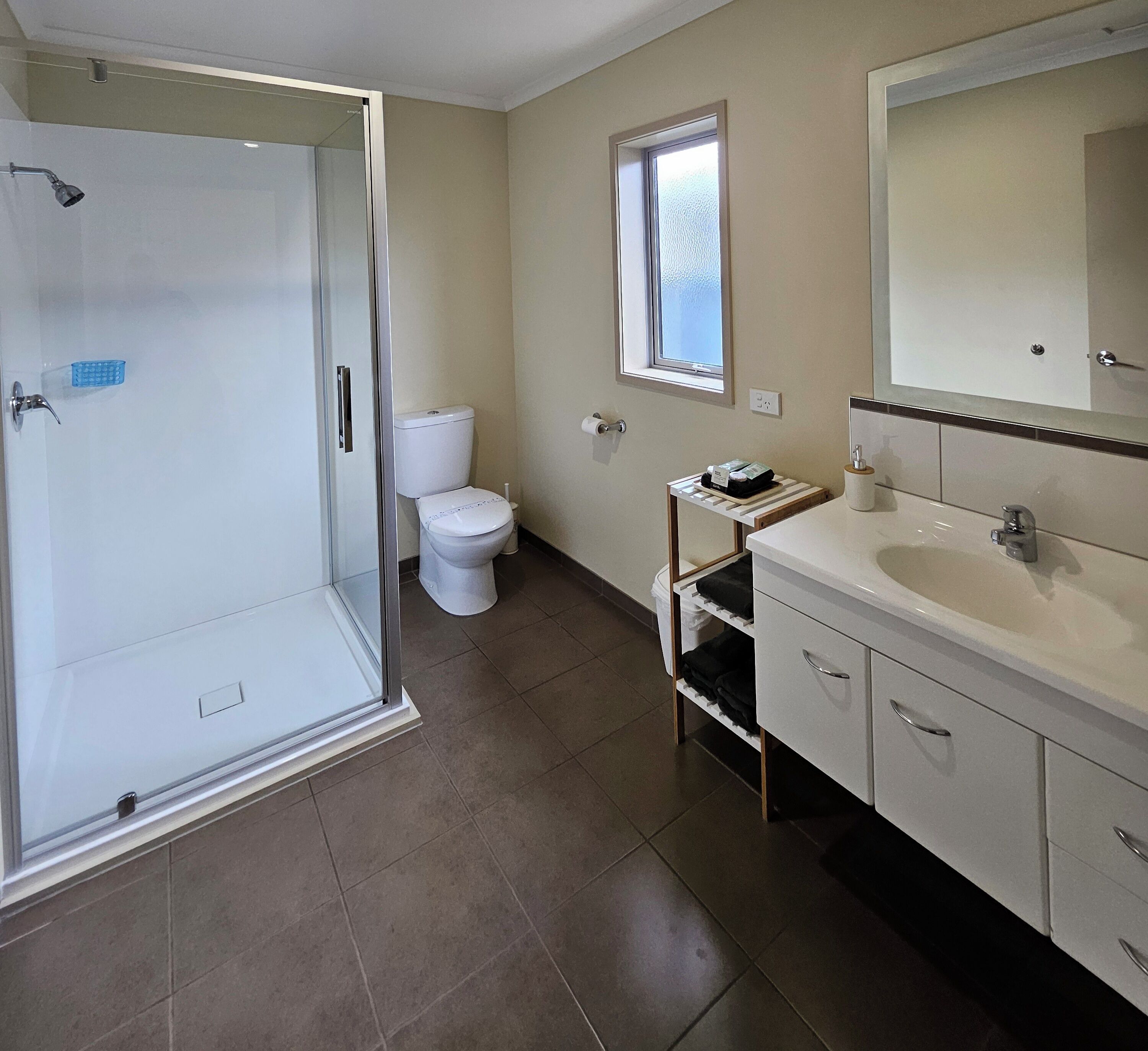 A bathroom with a glass-enclosed shower, a toilet, a sink, and a mirror.