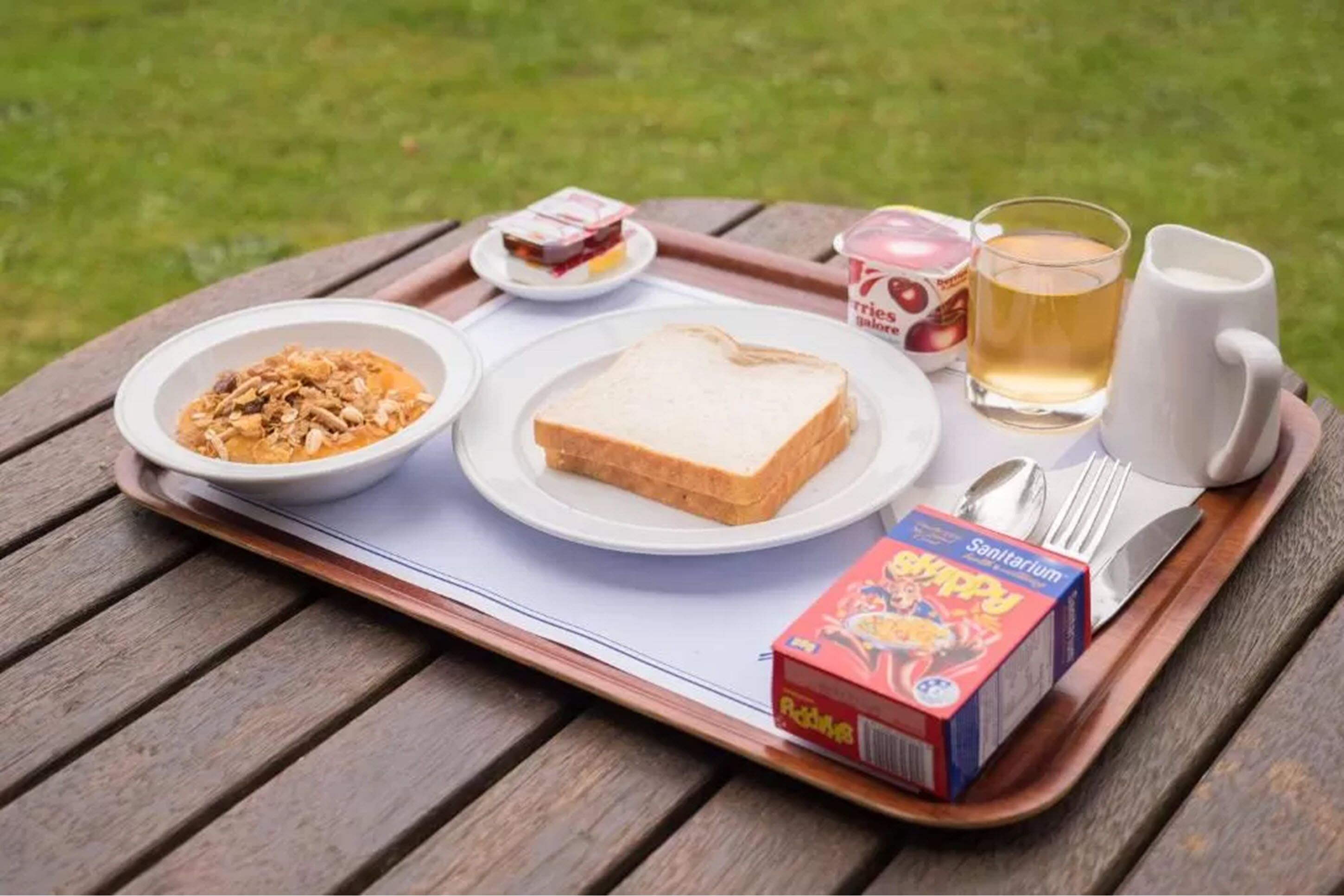 A picnic setup on a wooden table with a tray containing a bowl of cereal, a slice of bread, a small container of jam, a glass of tea, a juice box, and a pitcher.