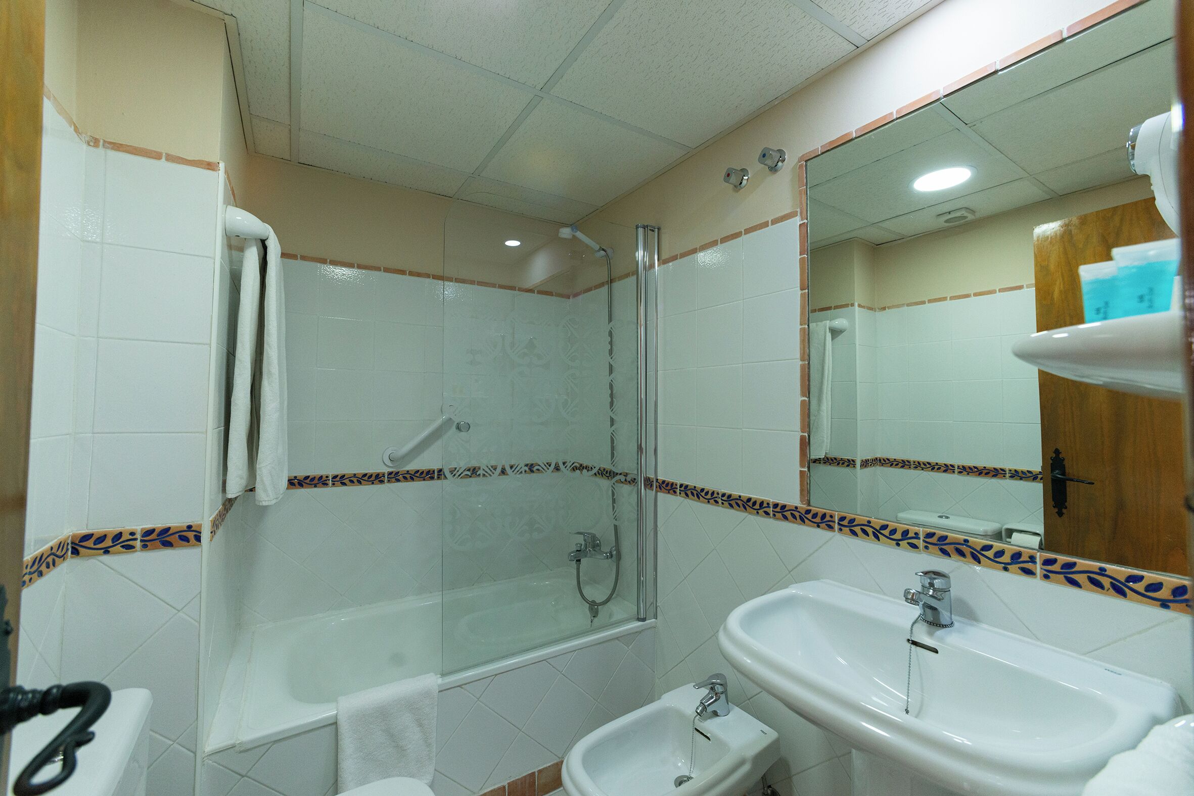 A bathroom with a shower, a sink, and a bidet.