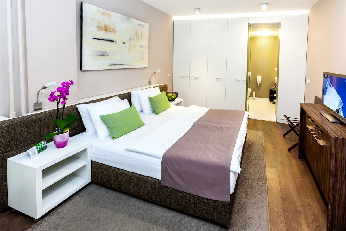 Una habitación de hotel moderna con una cama grande, televisor, escritorio y armario.