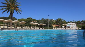 Piscina con sillas de descanso y sombrillas, rodeada de palmeras y un edificio de hotel.