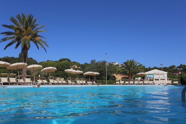 Outdoor pool, pool umbrellas, pool loungers