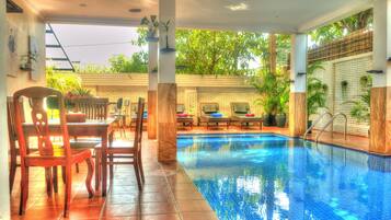 Indoor pool, outdoor pool, sun loungers