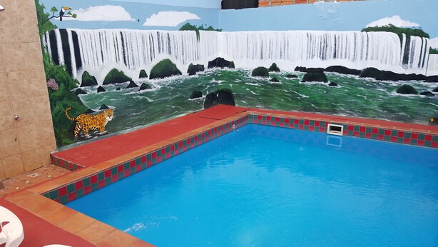 A swimming pool with a mural of a waterfall and a leopard. - Terra Iguazú Apart Hotel (Puerto Iguazú)