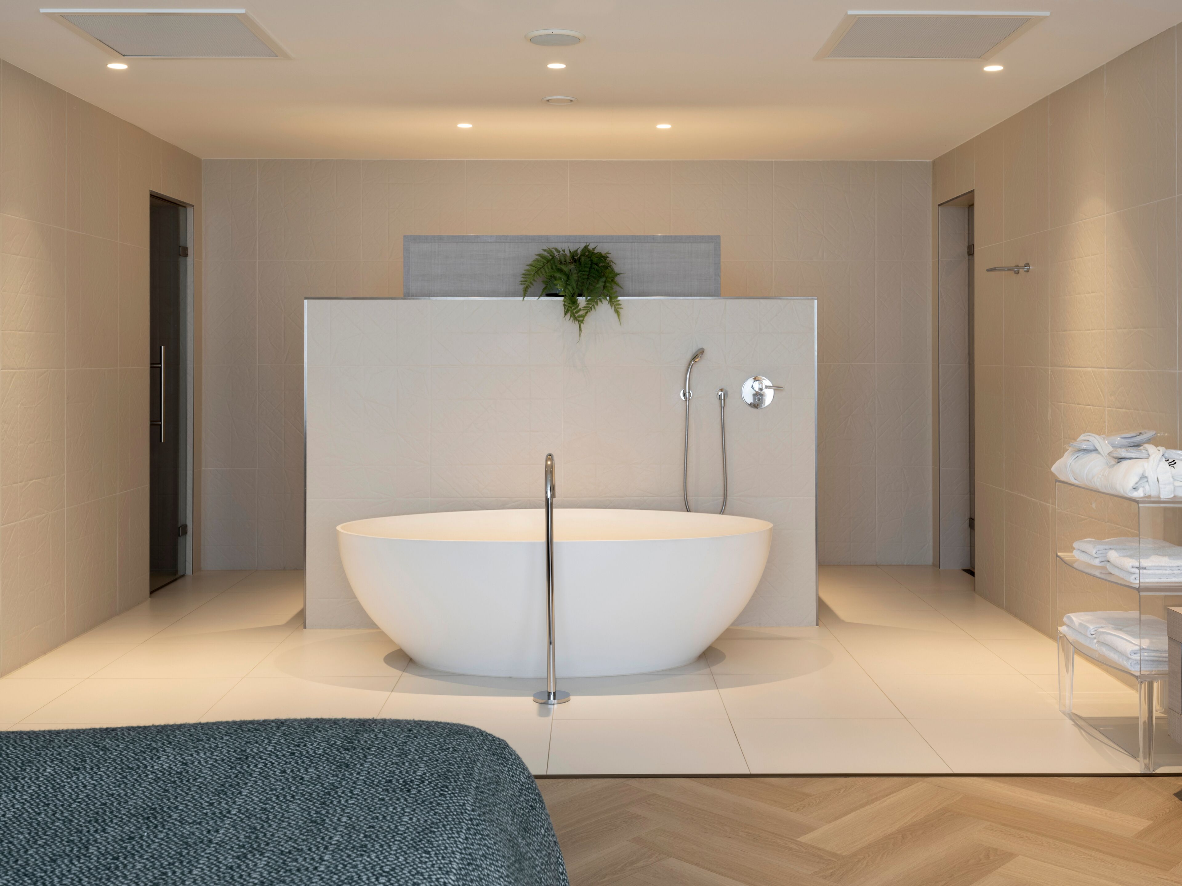 Une salle de bain moderne avec une baignoire sur pieds, une douche et un porte-serviettes.