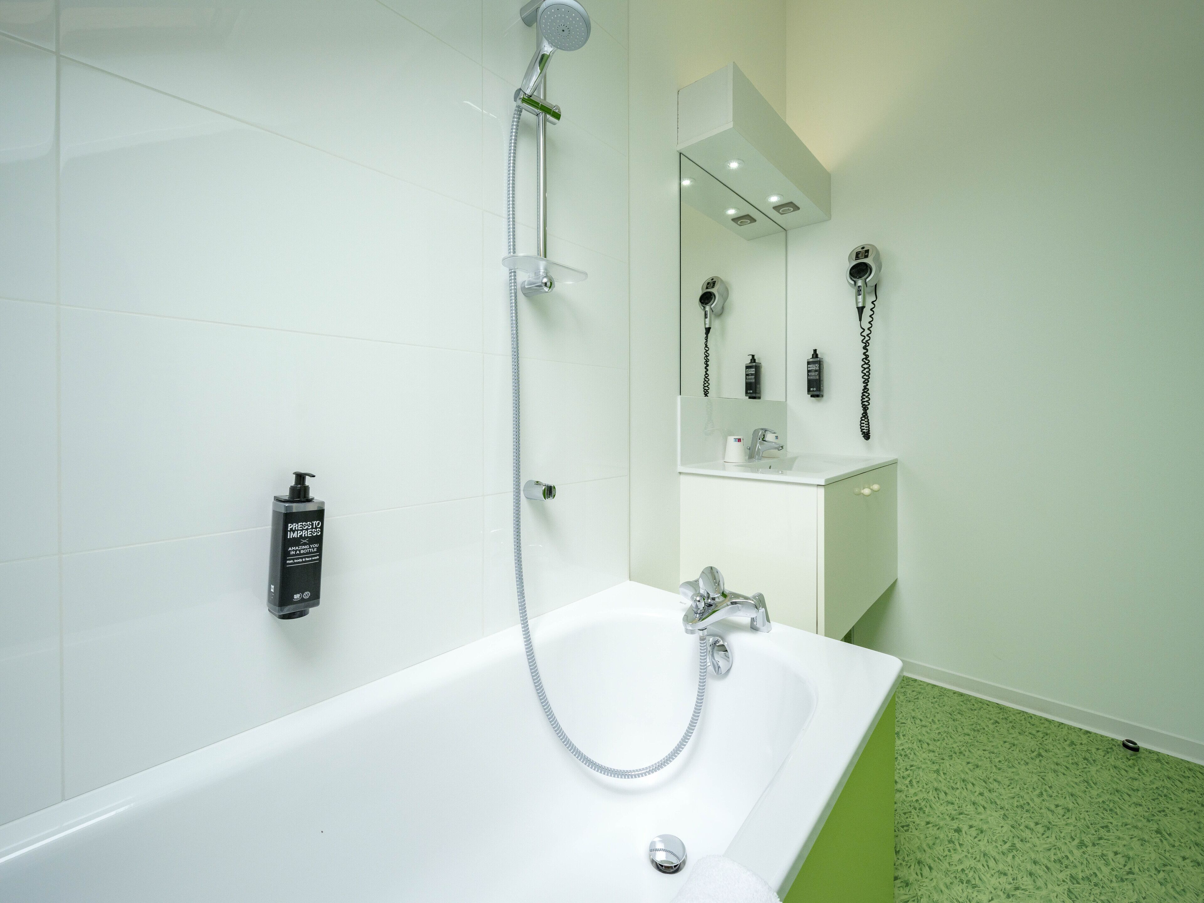 shower, eco-friendly toiletries, hair dryer, towels