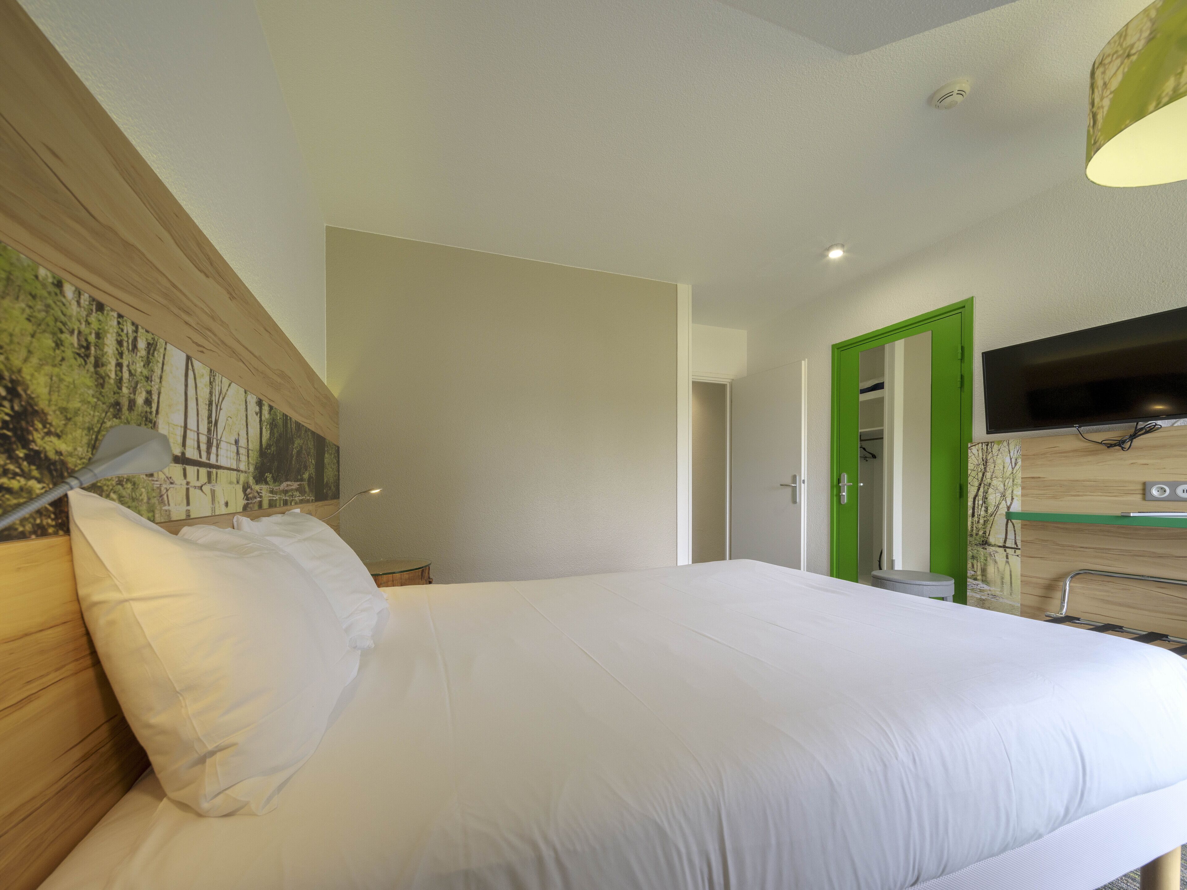Een slaapkamer met een bed, een schilderij aan de muur, een groene deur en een televisie.