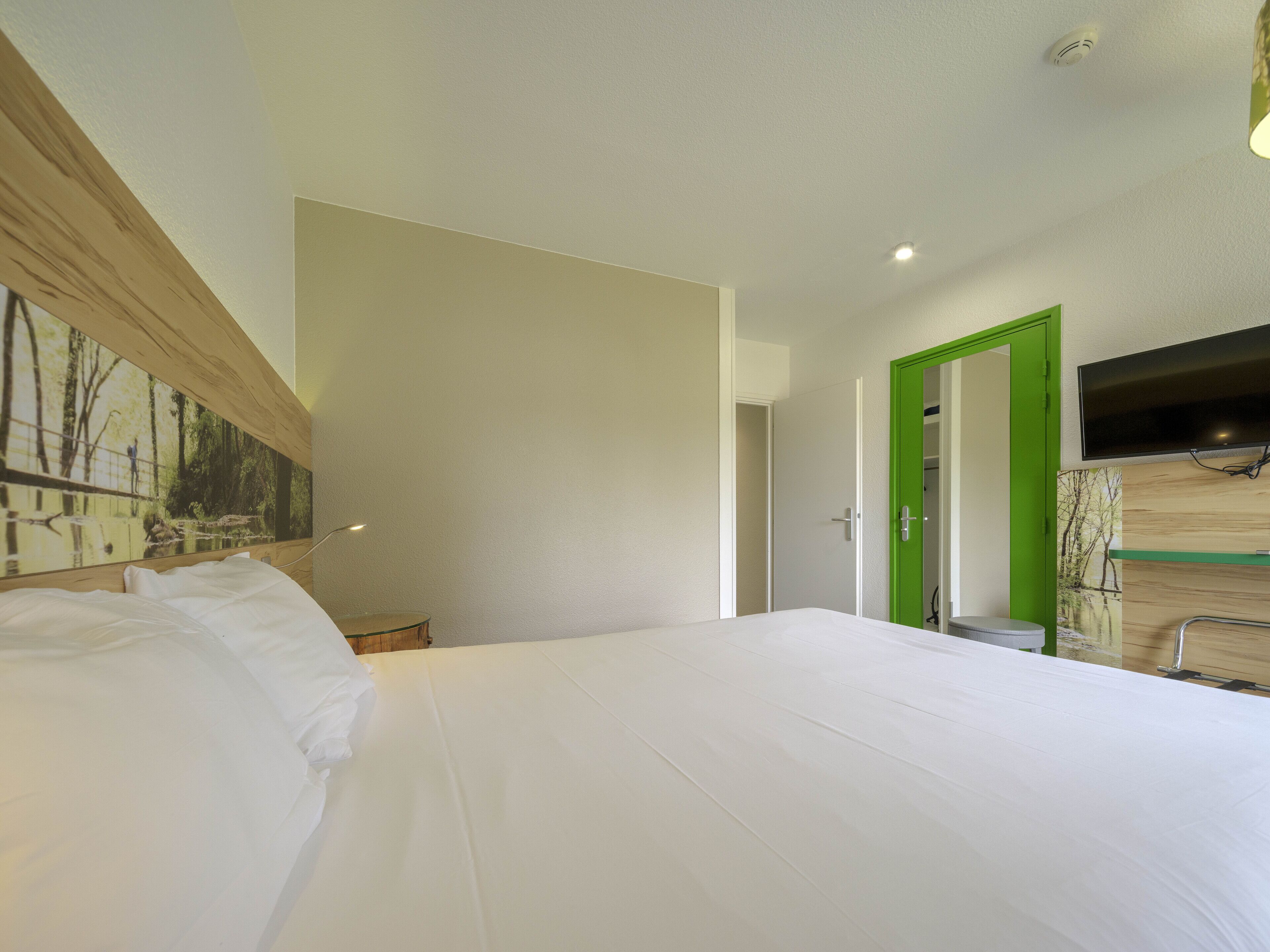 A hotel room with a large bed, a painting on the wall, a green door, and a TV mounted on the wall.