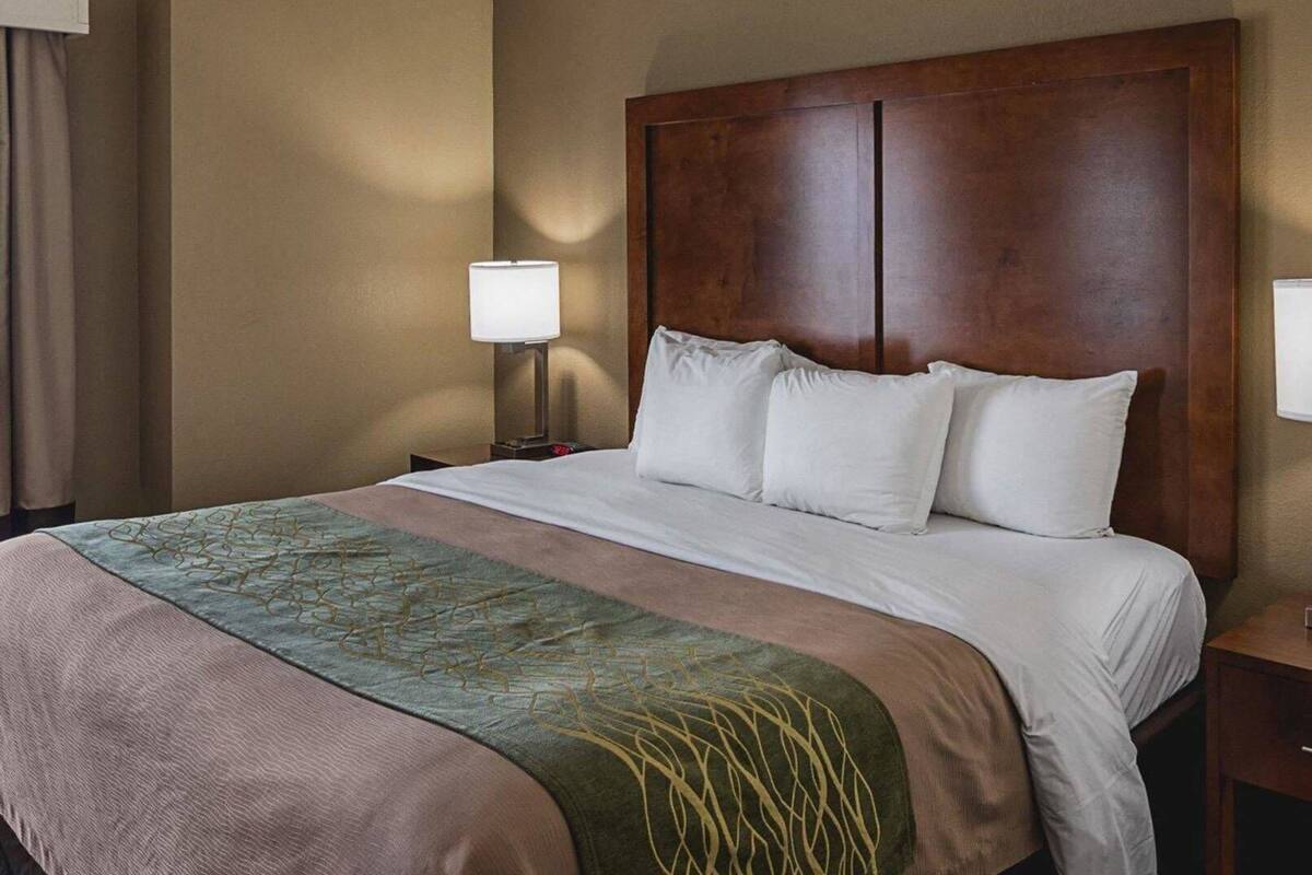 A hotel room with a large bed, two bedside lamps, a wooden headboard, and a decorative throw blanket.