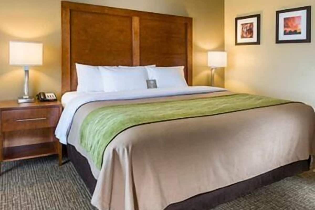 A hotel room with a bed, nightstands, lamps, and framed pictures on the wall.